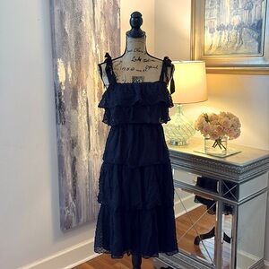 J Crew midnight navy blue black ribbon tie shoulder midi dress XS 0 ruffles